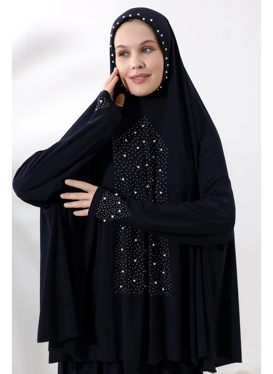 İhvan Ihvan Two Piece Prayer Dress with Pearls and Stones, Top and Bottom Practical Dress 8017 Navy Blue