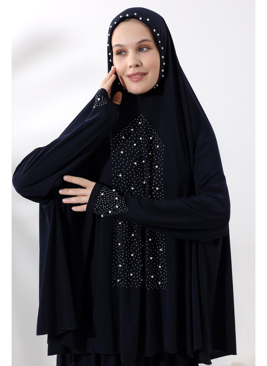 İhvan Ihvan Two Piece Prayer Dress with Pearls and Stones, Top and Bottom Practical Dress 8017 Navy Blue  - Image 3