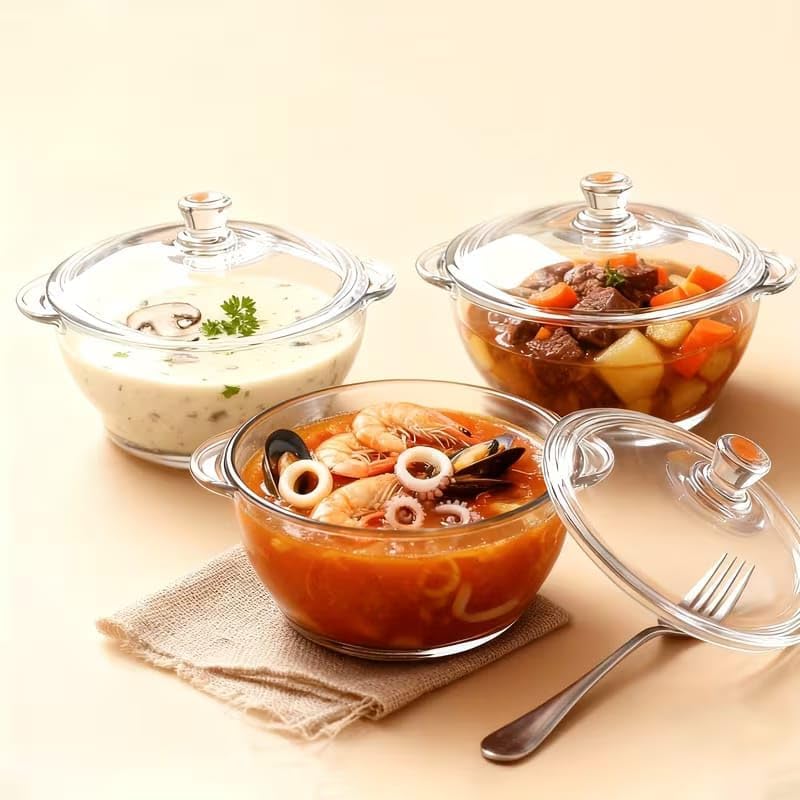 Bellemax Deep Round Glass Casserole Oven and Microwave Safe Serving Bowl with See Through Top Lid - (1000 ML, Set of 3) - Image 1