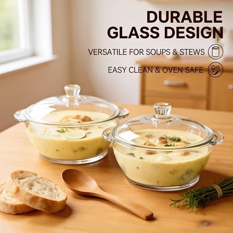 Bellemax Deep Round Glass Casserole Oven and Microwave Safe Serving Bowl with See Through Top Lid - (1000 ML, Set of 3) - Image 3