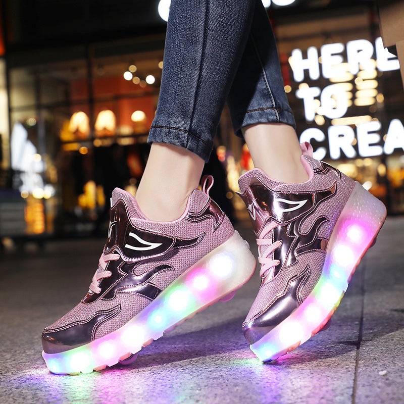 Generic Cross-border foreign trade heloon shoes for girls roller shoes outdoor sports roller skates charging belt switch luminous shoes double wheel E67 pink two-wheel with lamp