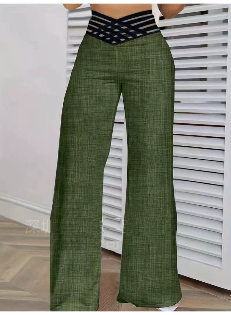 general Women's High Waist Wide Leg Pants, Crisscross Mesh Waistband Flare Trousers, Stretchy Body Shaping Palazzo Pants for Ladies - Image 1