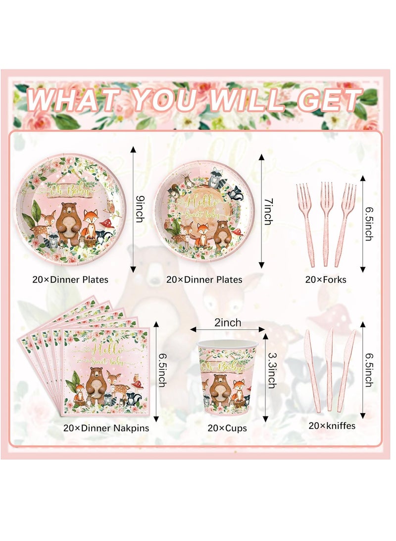 Zikra Woodland Party Supplies for Girls Baby Shower Pink Wild Animal Decorations Plates Napkin Cups Forks Knives Disposable Tableware Set for 20 Guests(120PCS) - Image 5