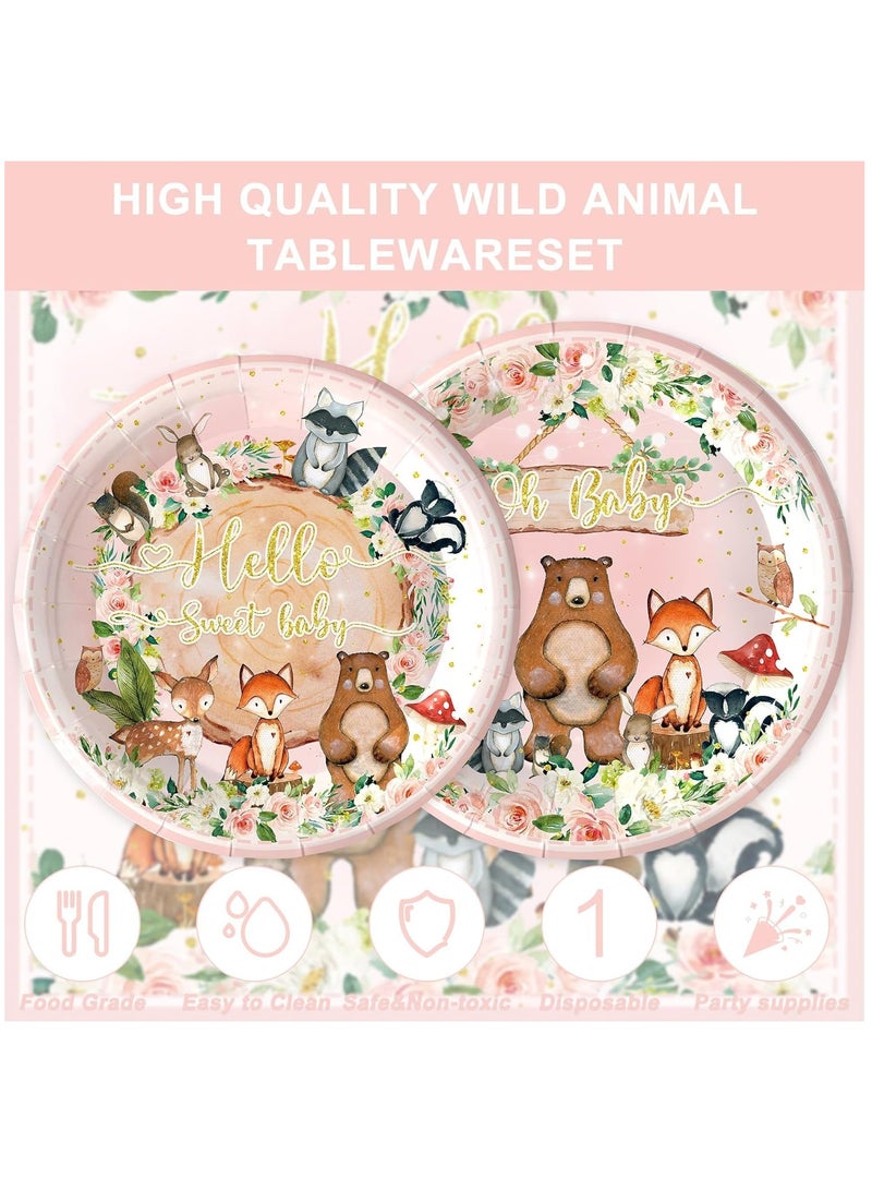 Zikra Woodland Party Supplies for Girls Baby Shower Pink Wild Animal Decorations Plates Napkin Cups Forks Knives Disposable Tableware Set for 20 Guests(120PCS) - Image 2