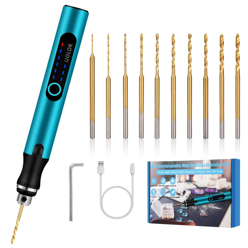 Uolor 3Speed Cordless Mini Drill Pen Rechargeable DIY Electric Hand Drill with 10 Small Drill Bits Micro Drill Set for Jewelry Making Stone Plastic Resin Keychains