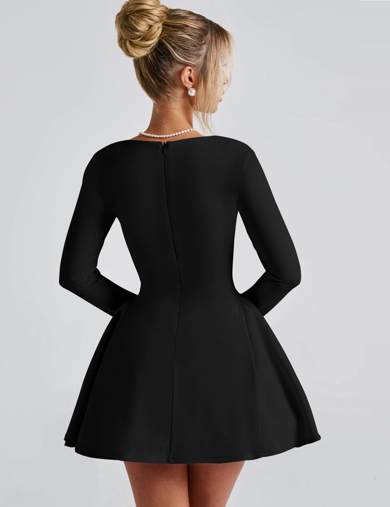 YMDUCH Women's Sexy Long Sleeve Sweetheart Neck A-line Ruffle Hem Party Club Mini Dress Black - Image 2