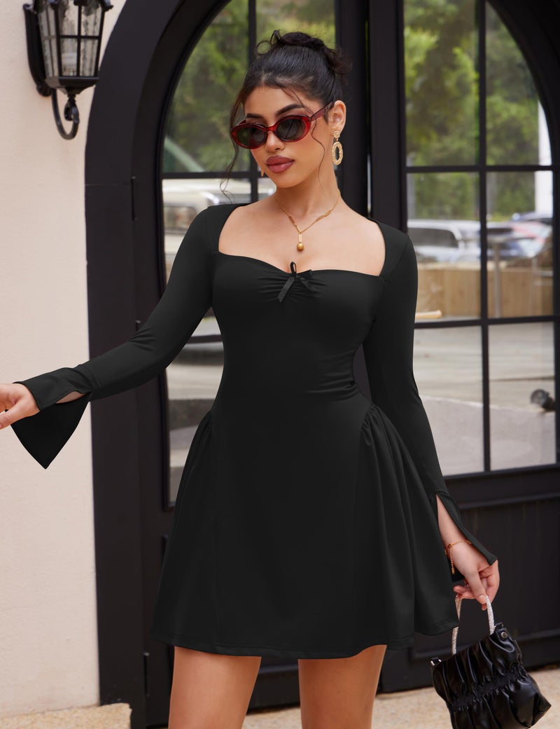 YMDUCH Women's Sexy Long Sleeve Sweetheart Neck A-line Ruffle Hem Party Club Mini Dress Black - Image 4