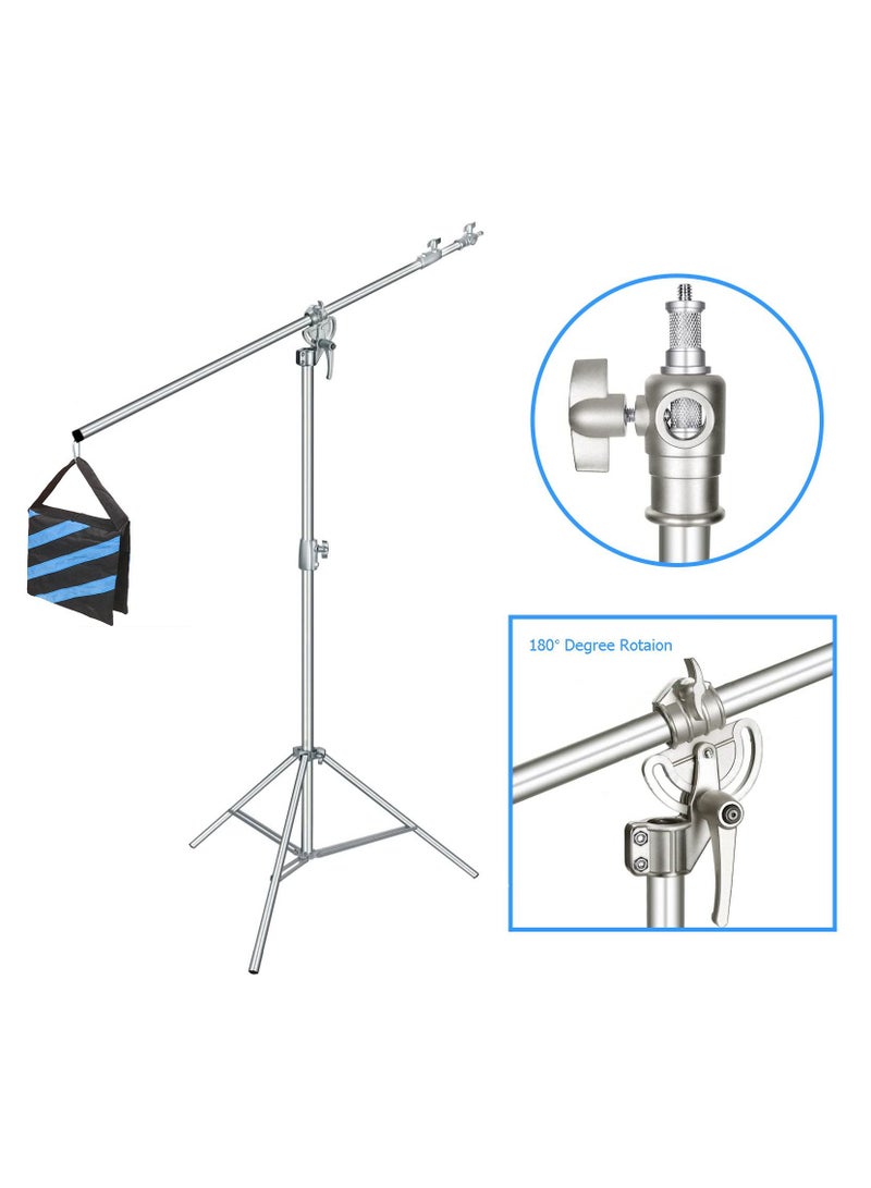 COOPIC L380 Stainless Silver Photo Studio Two way Light Stand Max Height 12.63 Feet and 3.9-7'' Adjustable Boom Arm Includes Blue Sandbag for Supporting Umbrella Softbox Flash for Portrait Video Light