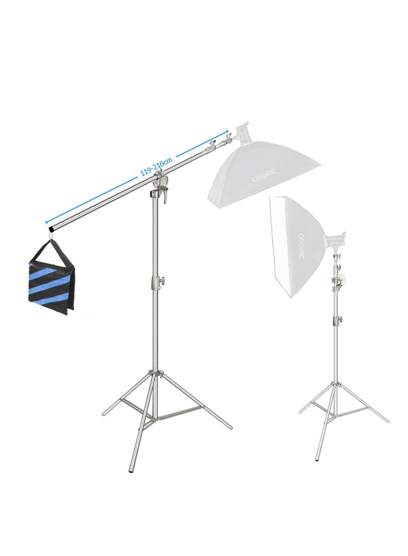 COOPIC L380 Stainless Silver Photo Studio Two way Light Stand Max Height 12.63 Feet and 3.9-7'' Adjustable Boom Arm Includes Blue Sandbag for Supporting Umbrella Softbox Flash for Portrait Video Light