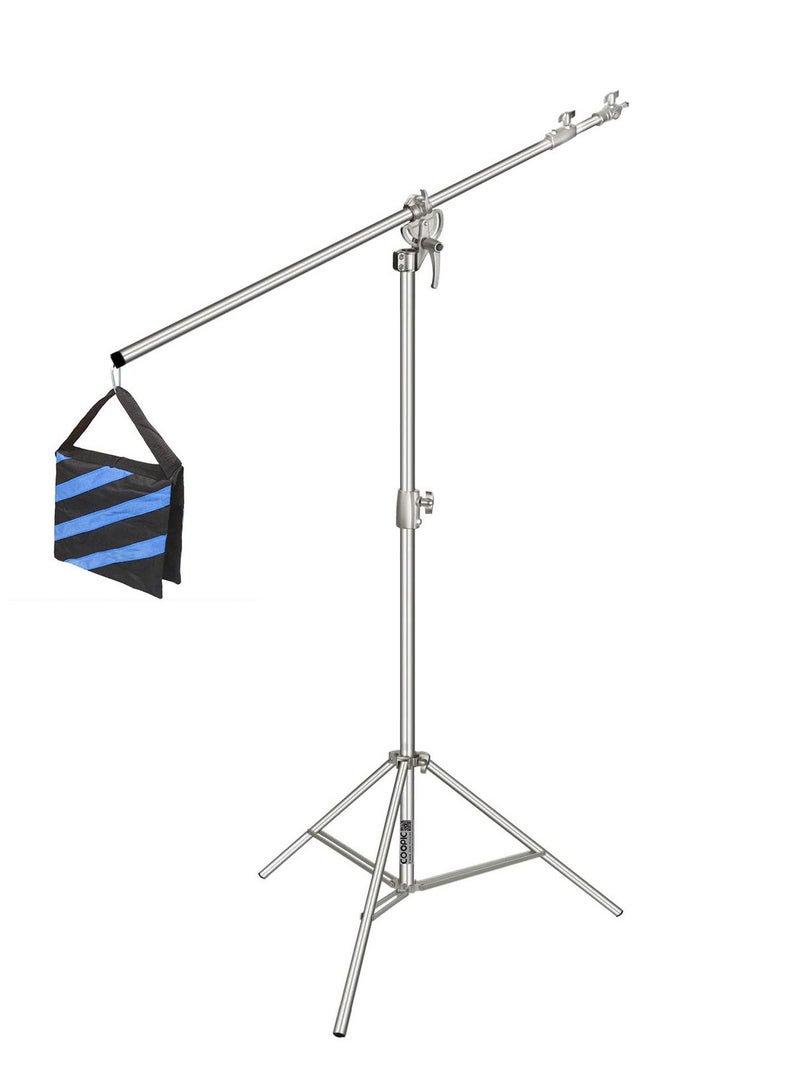COOPIC L380 Stainless Silver Photo Studio Two way Light Stand Max Height 12.63 Feet and 3.9-7'' Adjustable Boom Arm Includes Blue Sandbag for Supporting Umbrella Softbox Flash for Portrait Video Light