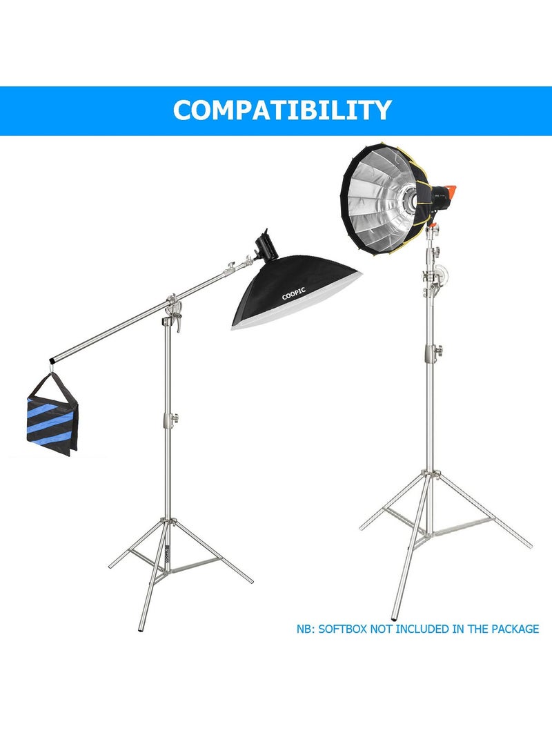COOPIC L380 Stainless Silver Photo Studio Two way Light Stand Max Height 12.63 Feet and 3.9-7'' Adjustable Boom Arm Includes Blue Sandbag for Supporting Umbrella Softbox Flash for Portrait Video Light