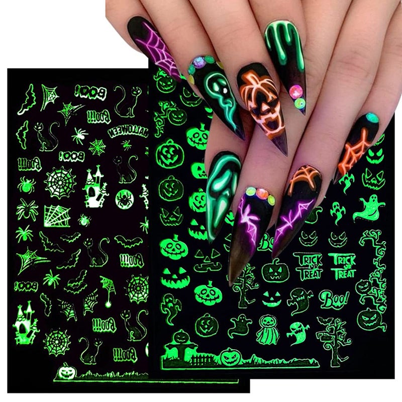 Luminous Nail Stickers  3D Halloween Nail Art Designs  Skull Ghost Pumpkin Spider Bat Decals  SelfAdhesive 6 Sheets