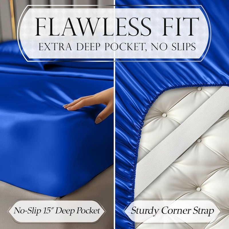 DECOLURE Satin Sheets Twin Size Set 3 Pcs - Silky & Luxuriously Soft Satin Bed Sheets w/ 15 inch Deep Pocket - Similar to Silk Sheets - Double Stitching, Wrinkle Free (Blue) - Image 5