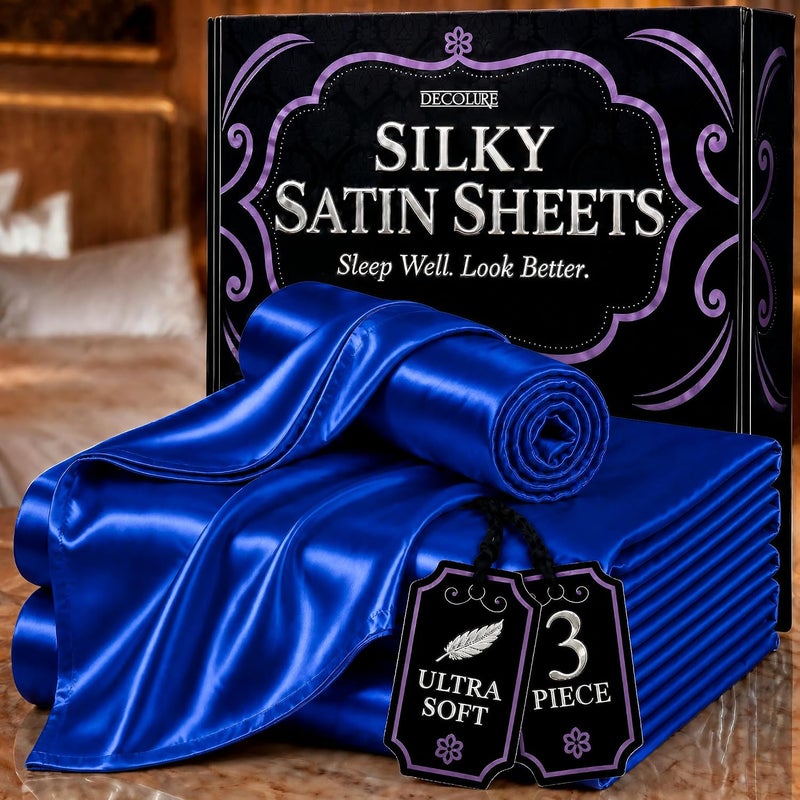DECOLURE Satin Sheets Twin Size Set 3 Pcs - Silky & Luxuriously Soft Satin Bed Sheets w/ 15 inch Deep Pocket - Similar to Silk Sheets - Double Stitching, Wrinkle Free (Blue) - Image 1