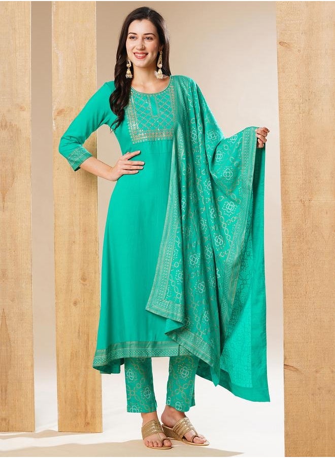 Globus Women Green Embroidered Yoke A-line Kurta With Dupatta & Pant Set - pzsku/ZB1E63D25EFD52BD22E47Z/45/_/1740487900/93b779ef-0b94-4c09-ae0e-f680832d5786