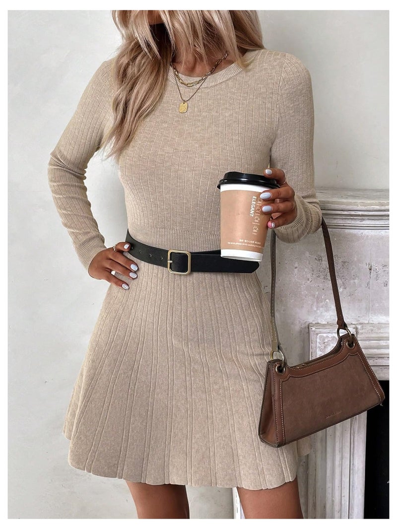 MakeMeChic Women's Sweater Dress Ribbed Knit Aline Flare Short Dresses Without Belt Apricot Medium - Image 5