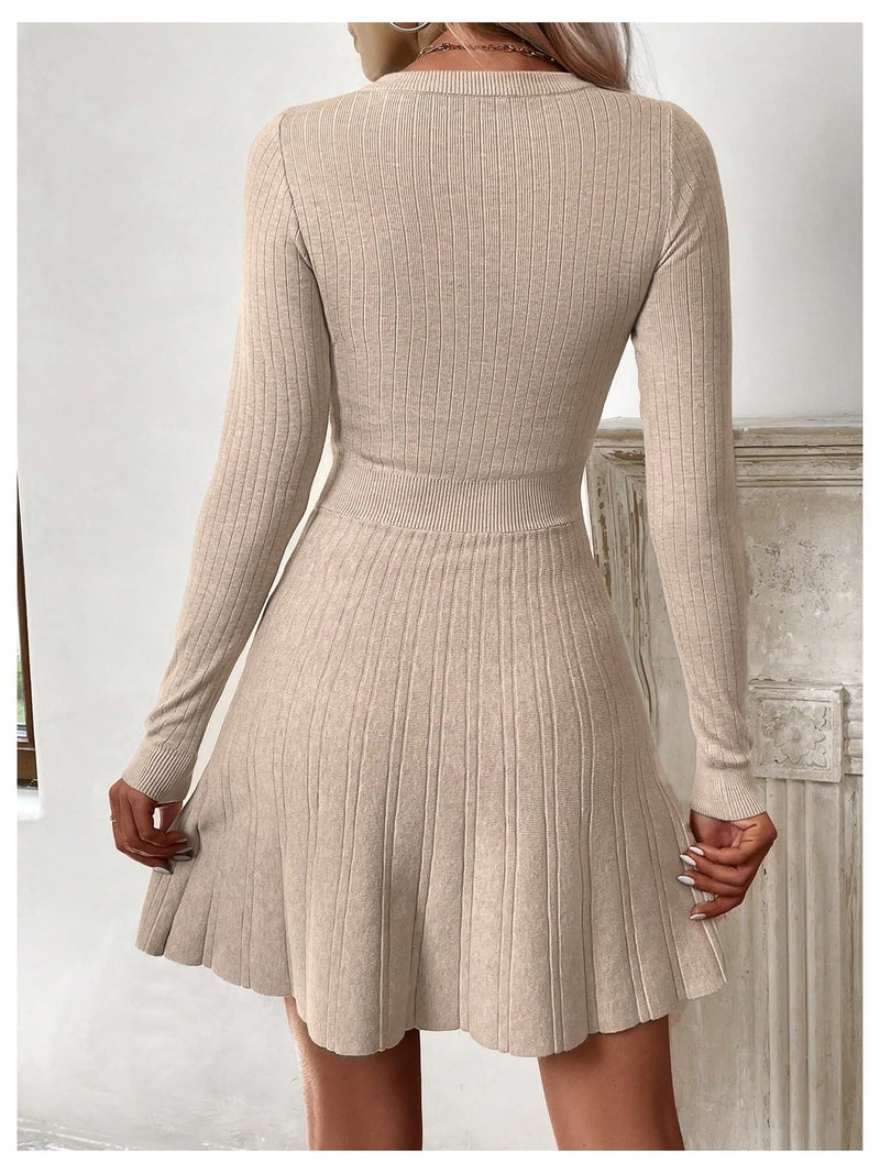 MakeMeChic Women's Sweater Dress Ribbed Knit Aline Flare Short Dresses Without Belt Apricot Medium - Image 2