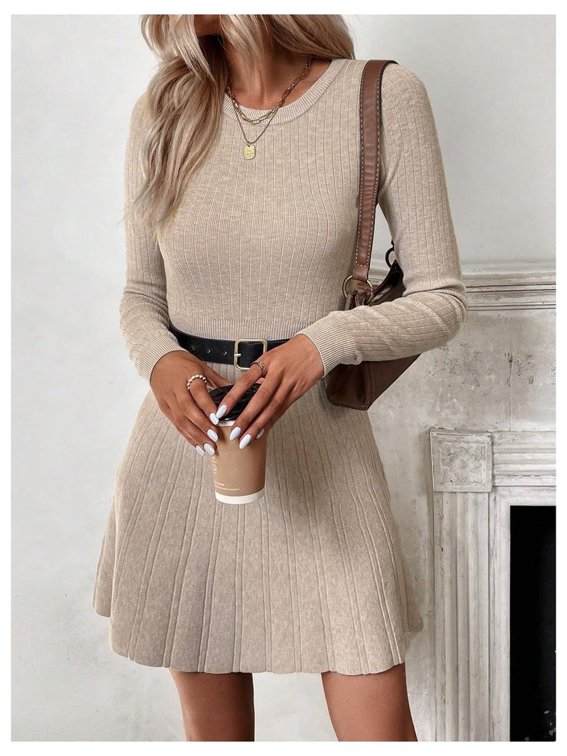 MakeMeChic Women's Sweater Dress Ribbed Knit Aline Flare Short Dresses Without Belt Apricot Medium - Image 4