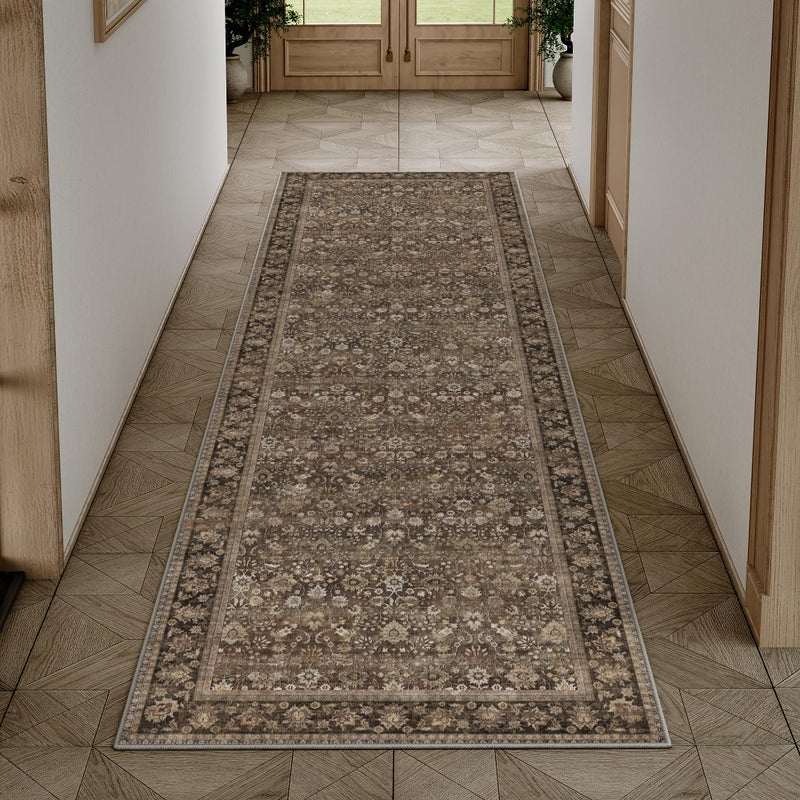 HUGEAR 2x6 Runner Rug Machine Washable Brown Hallway Area Rugs Indoor Accent Rugs Floral Low Pile Carpet Distressed Throw Rug Bedroom Living Room Office Dining Kitchen Laundry Non Slip - Image 4