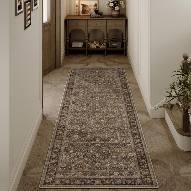 HUGEAR 2x6 Runner Rug Machine Washable Brown Hallway Area Rugs Indoor Accent Rugs Floral Low Pile Carpet Distressed Throw Rug Bedroom Living Room Office Dining Kitchen Laundry Non Slip - Image 1