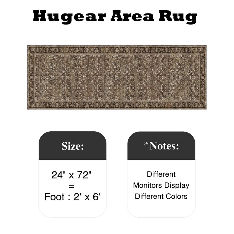 HUGEAR 2x6 Runner Rug Machine Washable Brown Hallway Area Rugs Indoor Accent Rugs Floral Low Pile Carpet Distressed Throw Rug Bedroom Living Room Office Dining Kitchen Laundry Non Slip - Image 2