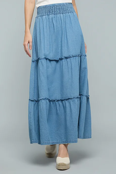 أر أند بي Washed Denim Tiered Skirt with Elastic Waist
