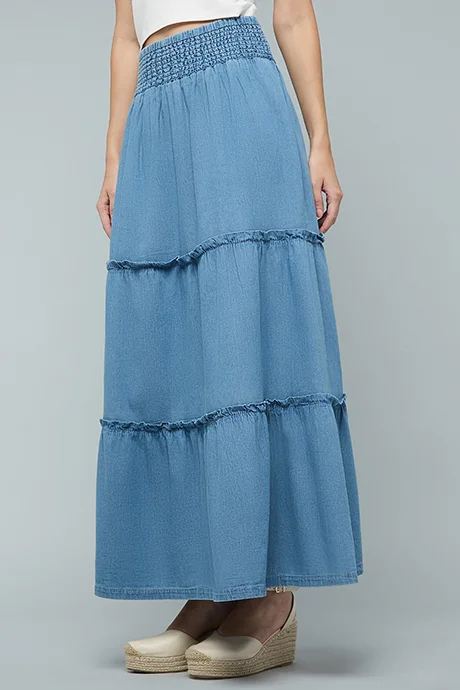 أر أند بي Washed Denim Tiered Skirt with Elastic Waist