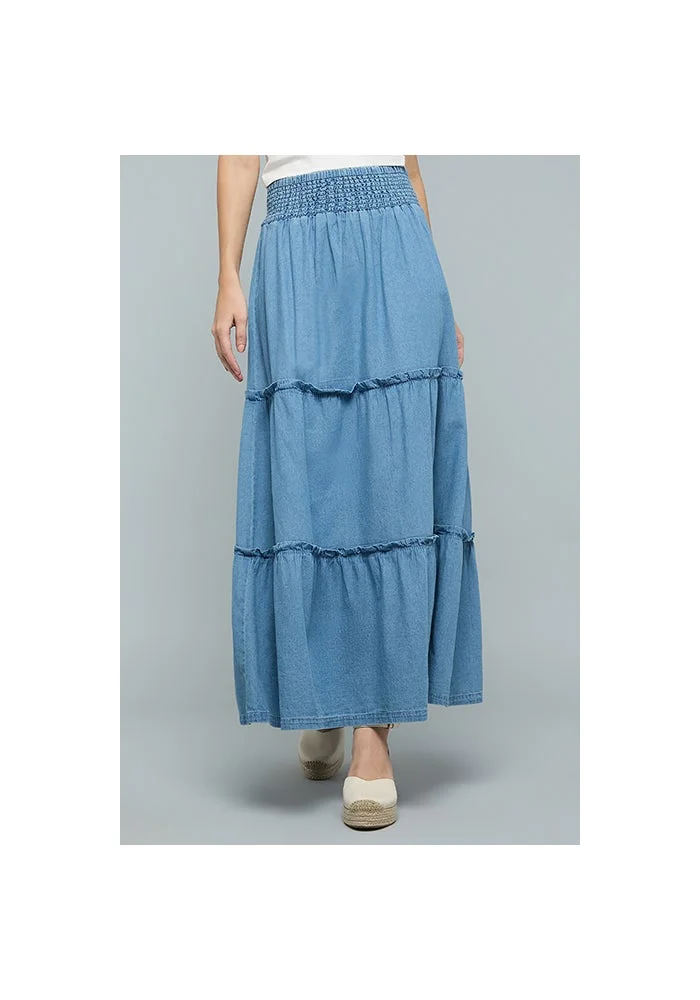 أر أند بي Washed Denim Tiered Skirt with Elastic Waist