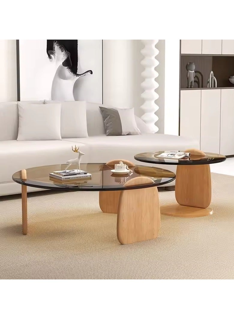 والالا مجموعة طاولات قهوة متداخلة من قطعتين، طاولة قهوة مستديرة بسطح زجاجي، طاولة قهوة من الزجاج المقسّى بإطار خشبي، طاولة مركزية دائرية بسيطة وحديثة، طاولة جانبية صغيرة للأريكة لغرفة المعيشة، مساحة منزلية صغيرة سهلة التركيب، لون بيج - Image 4