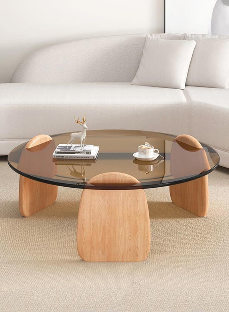 والالا مجموعة طاولات قهوة متداخلة من قطعتين، طاولة قهوة مستديرة بسطح زجاجي، طاولة قهوة من الزجاج المقسّى بإطار خشبي، طاولة مركزية دائرية بسيطة وحديثة، طاولة جانبية صغيرة للأريكة لغرفة المعيشة، مساحة منزلية صغيرة سهلة التركيب، لون بيج - Image 2