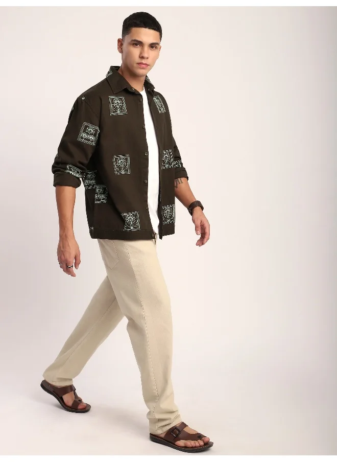 Beyoung Dark Brown Geometric Floral Shacket