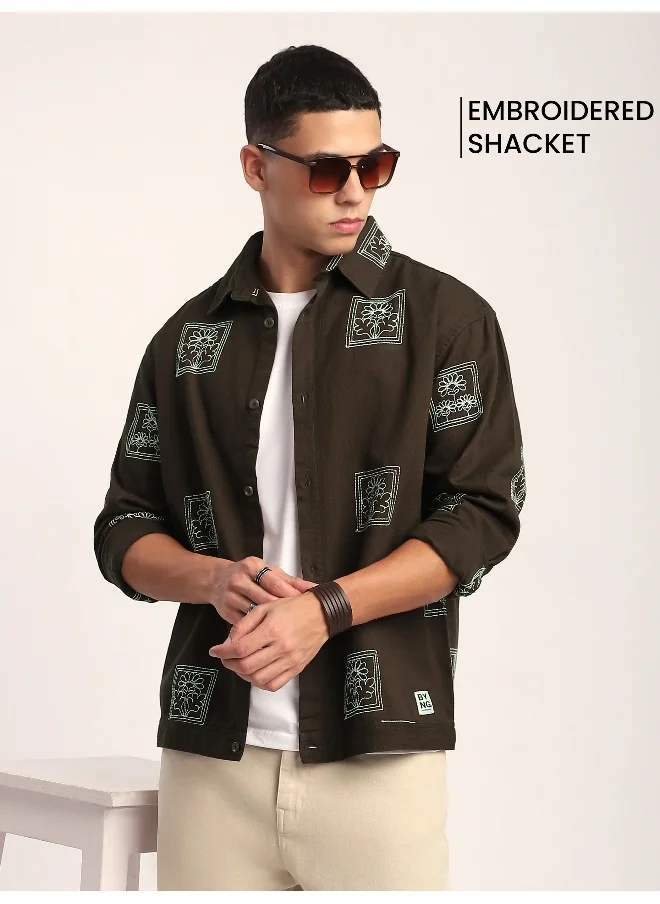 Beyoung Dark Brown Geometric Floral Shacket