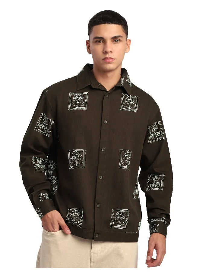 Beyoung Dark Brown Geometric Floral Shacket