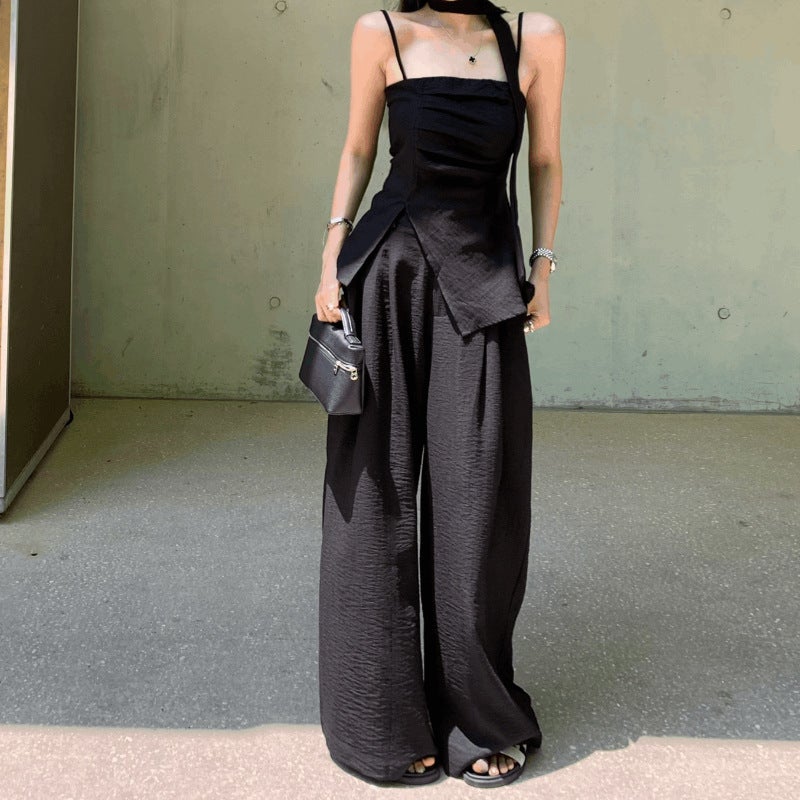 Petite Fashion Ribbon Cami  Wide-Leg Pants Set black sling - Image 1