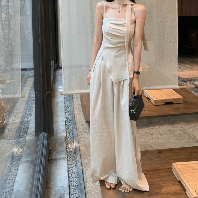 Petite Fashion Ribbon Cami  Wide-Leg Pants Set black sling - Image 4
