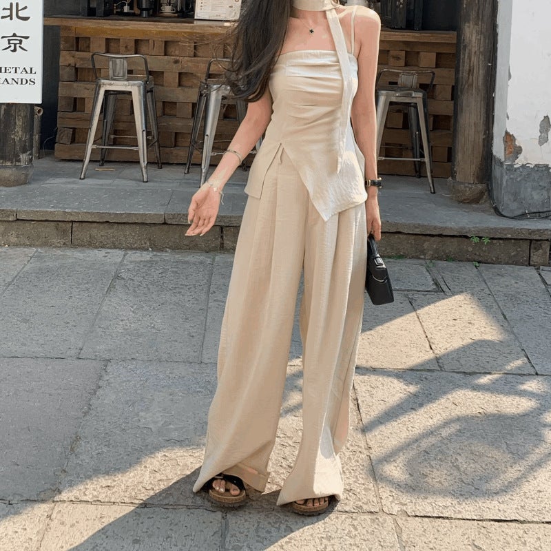 Petite Fashion Ribbon Cami  Wide-Leg Pants Set black sling - Image 2