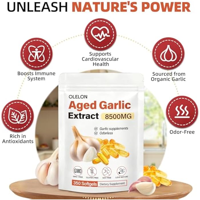 OLELON Aged Garlic Extract 350 Softgels - High Potency, Odorless, Non-GMO & Organic Garlic Supplement for Heart Health, Immune Support & Antioxidant Benefits - Image 5