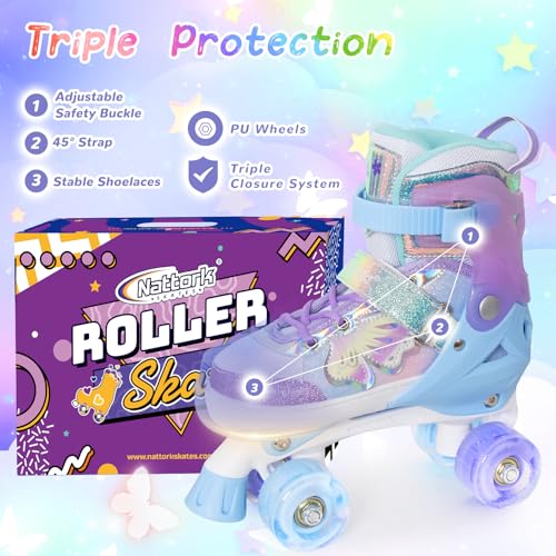Nattork Kids Roller Skates for Girls Boys - Purple for Big Kids Age 7 8 9 10 - Adjustable All Light up Wheels Butterfly and Flower Indoor Outdoor Sports Birthday Gift for Son and Grandson - Image 5