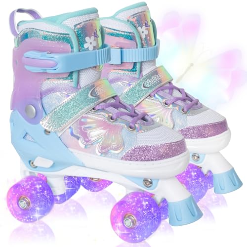 Nattork Kids Roller Skates for Girls Boys - Purple for Big Kids Age 7 8 9 10 - Adjustable All Light up Wheels Butterfly and Flower Indoor Outdoor Sports Birthday Gift for Son and Grandson - Image 1