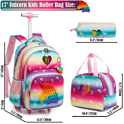 Egchescebo School Bags Kids Rolling Unicorn Backpack for Girls Luggage Suitcase With Wheels Trolley Wheeled Backpacks for Girls Travel Bags 17' 3PCS Toy With Lunch Box Pink - Image 2