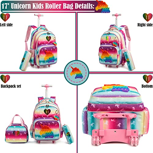 Egchescebo School Bags Kids Rolling Unicorn Backpack for Girls Luggage Suitcase With Wheels Trolley Wheeled Backpacks for Girls Travel Bags 17' 3PCS Toy With Lunch Box Pink - Image 3