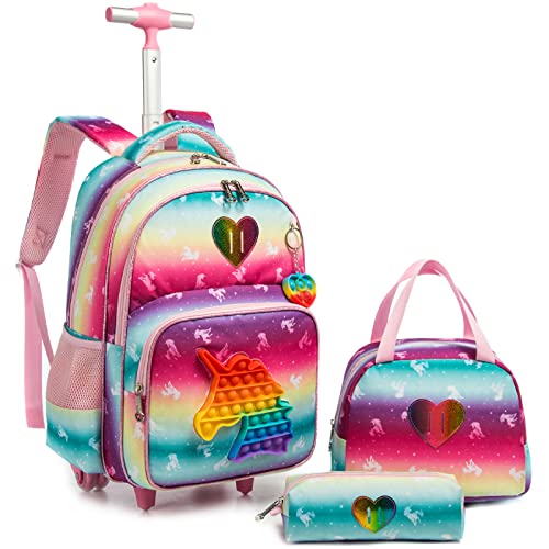 Egchescebo School Bags Kids Rolling Unicorn Backpack for Girls Luggage Suitcase With Wheels Trolley Wheeled Backpacks for Girls Travel Bags 17' 3PCS Toy With Lunch Box Pink - Image 1