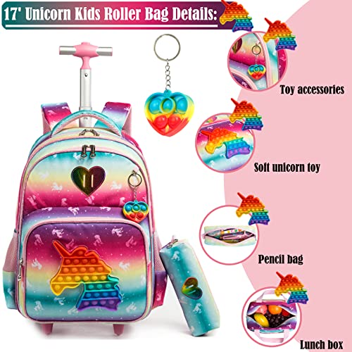Egchescebo School Bags Kids Rolling Unicorn Backpack for Girls Luggage Suitcase With Wheels Trolley Wheeled Backpacks for Girls Travel Bags 17' 3PCS Toy With Lunch Box Pink - Image 4