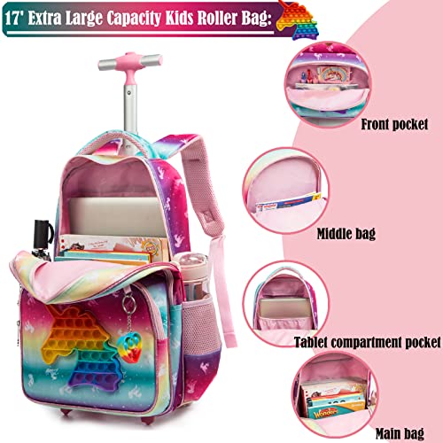 Egchescebo School Bags Kids Rolling Unicorn Backpack for Girls Luggage Suitcase With Wheels Trolley Wheeled Backpacks for Girls Travel Bags 17' 3PCS Toy With Lunch Box Pink - Image 5