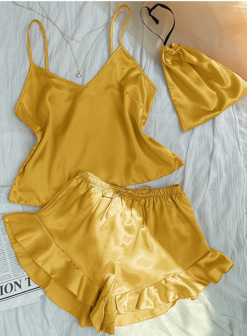 Loquat Women's Imitation Silk 3-Piece Set Nightgown Sleepwear Suspender Top,Shorts And Storage Bag Soft Loungewear Pajamas Suit Yellow 