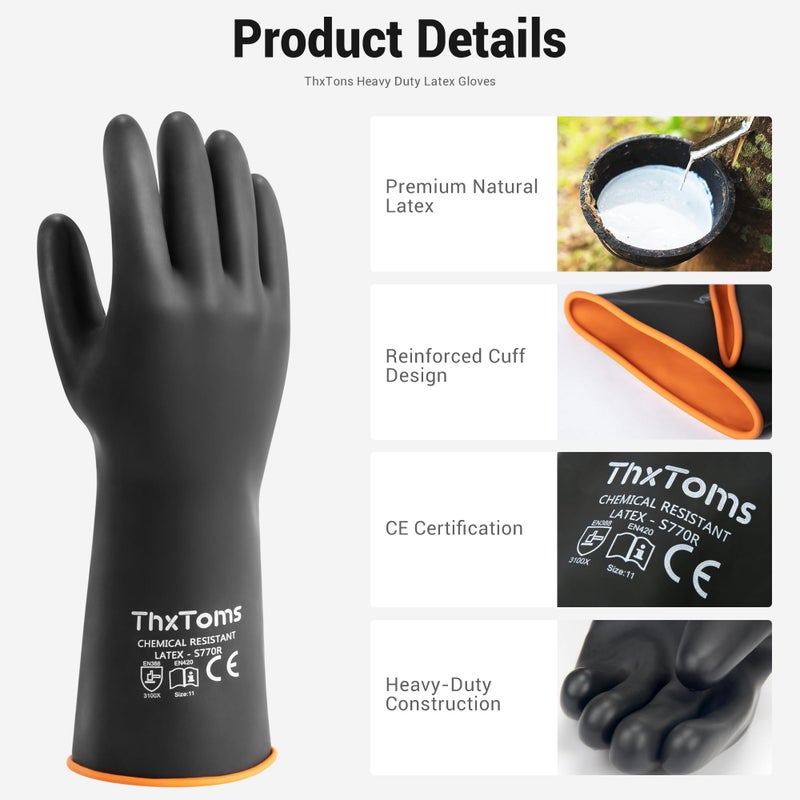 ThxToms قفازات لاتكس ثقيلة من ثكس تومز، قفازات مطاطية طويلة، قفازات مقاومة للمواد الكيميائية، مقاومة للثقب، مقاومة للأحماض، والزيوت، والقلويات، مقاومة للماء للتنظيف الصناعي، والطب، والبستنة، 22 بوصة، 1 زوج - Image 2