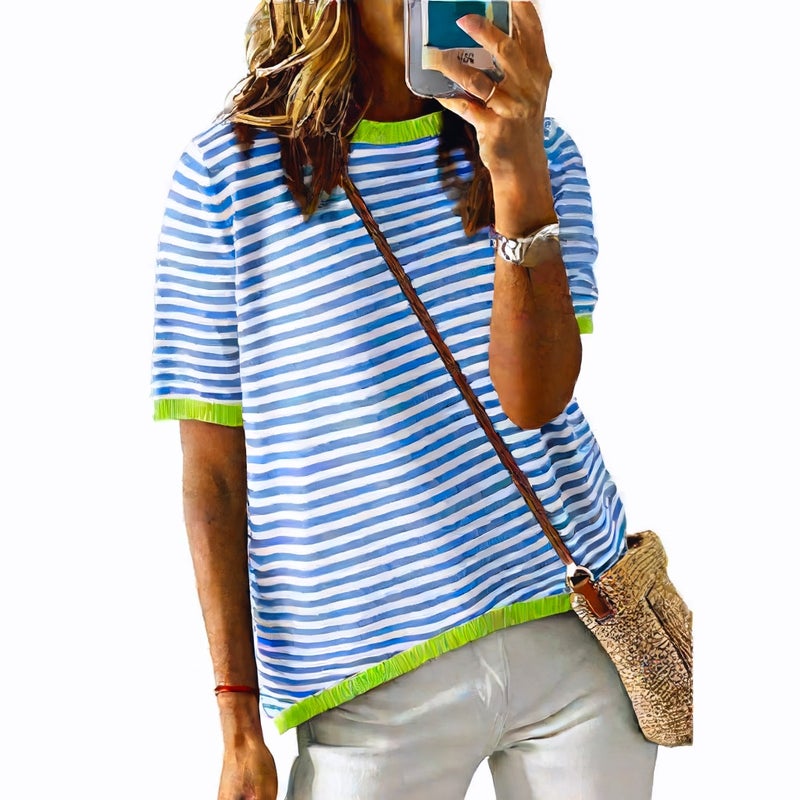 Women's Round Neck Striped Contrast Short Sleeve Casual Sweater - Image 3