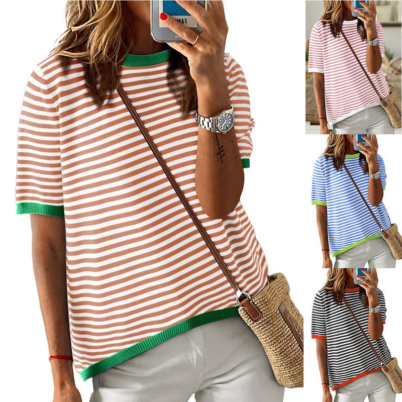 Women's Round Neck Striped Contrast Short Sleeve Casual Sweater - Image 1