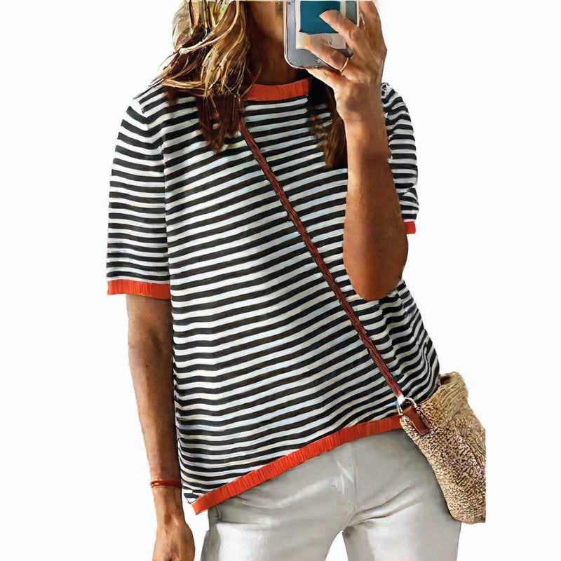 Women's Round Neck Striped Contrast Short Sleeve Casual Sweater - Image 5