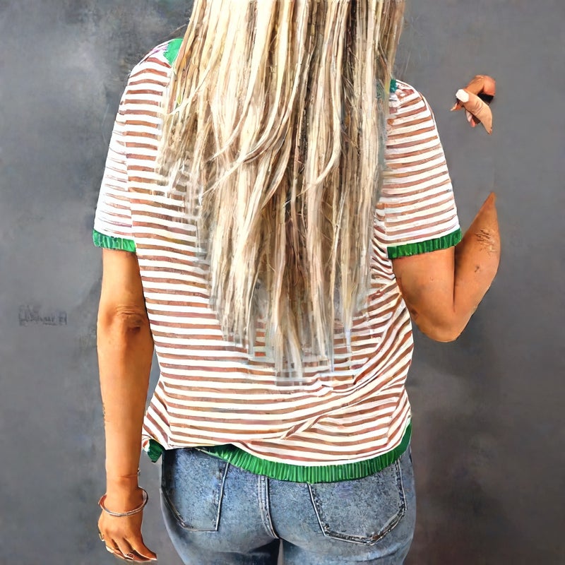 Women's Round Neck Striped Contrast Short Sleeve Casual Sweater - Image 4